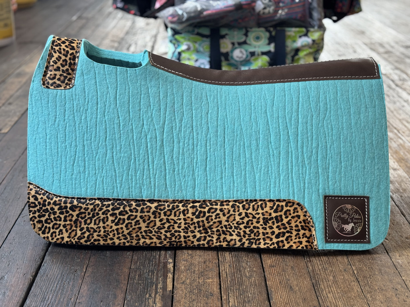 Ocean Blue Cheetah Leathers Saddle Pad